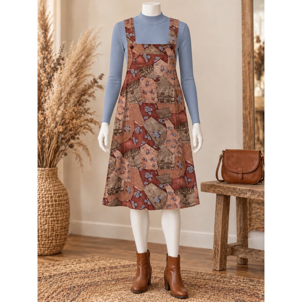 Handmade Vintage Style Patchwork Floral Pinafore Overall Dress Terracotta Blue